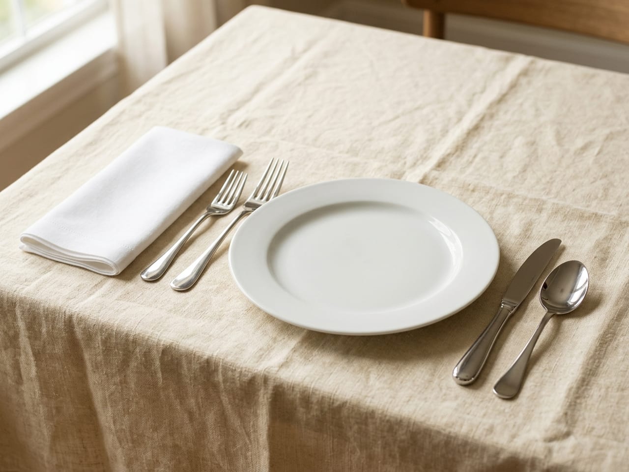 A white cloth napkin folded into a neat flat oblong lying to the left of two silver forks beside a white dinner plate on cream linen