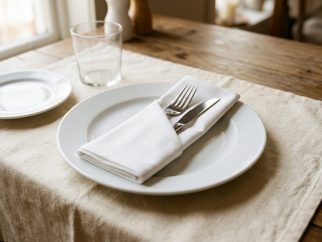 A white cloth napkin folded into a slim rectangle with a diagonal pocket across it, a silver fork and knife tucked in with their tips showing, lying on a white dinner plate