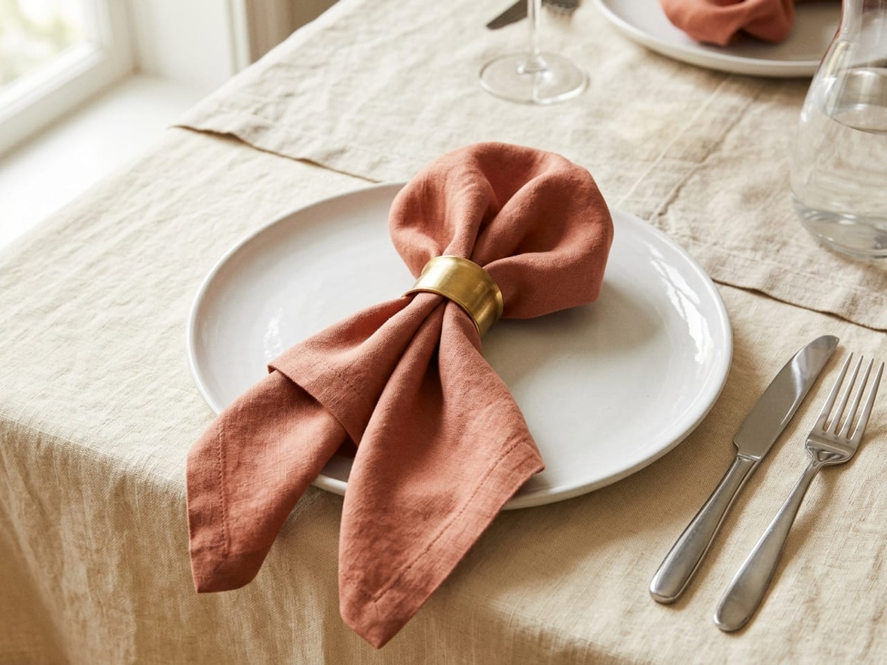 A soft terracotta linen napkin pulled through a brass napkin ring, the centre puffed above the ring and the corners spread below, lying on a white plate