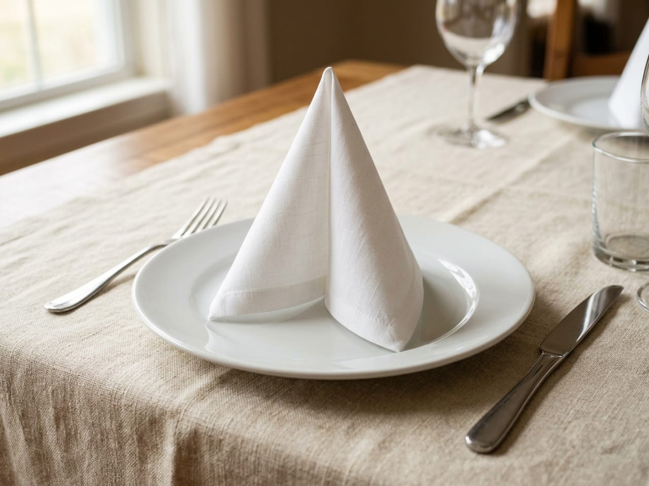 A crisp white linen napkin folded into a standing three-sided pyramid in the centre of a white dinner plate on cream linen, cutlery on both sides