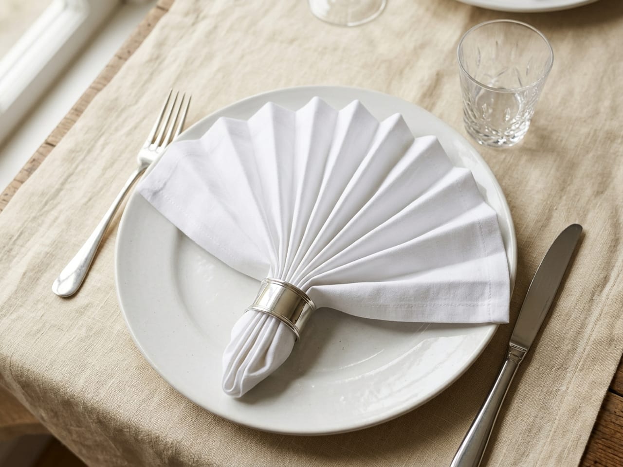 A white cloth napkin pleated like an accordion, gathered at one end by a silver napkin ring and spread into a fan, lying on a white plate