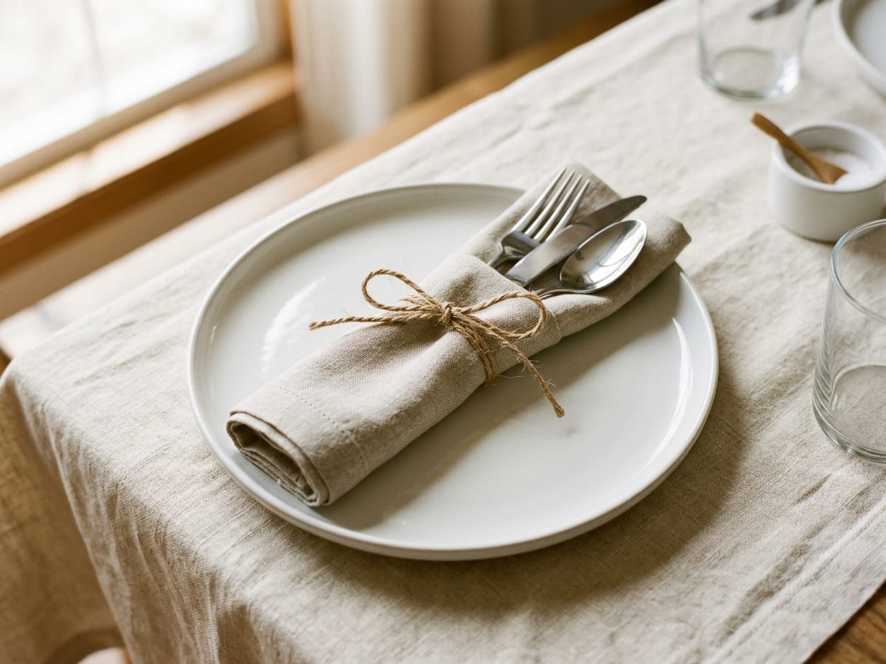 A linen napkin rolled tightly around a fork, knife and spoon and tied halfway down with natural twine, the cutlery handles hidden and the tips showing, lying across a plate