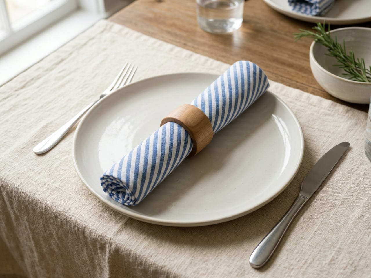 A striped cotton napkin rolled into a neat tube with a wooden napkin ring around the middle, lying across the top of a white plate