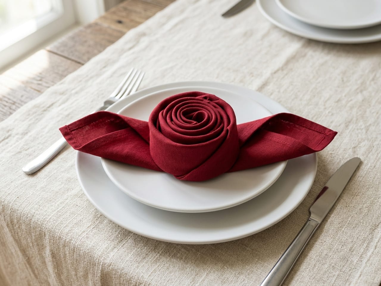 A deep red cloth napkin coiled into a rose shape with two pointed leaf-like corners spread beneath it, sitting on a small white side plate