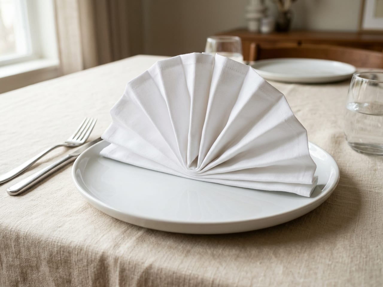 A crisp white cloth napkin pleated into a standing fan, the pleats opened into a half circle, standing in the centre of a white dinner plate