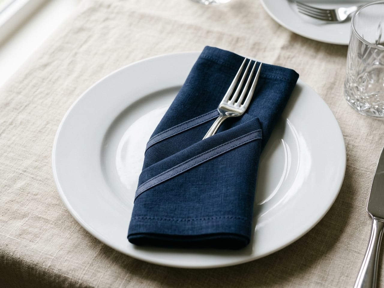 A navy linen napkin folded into a narrow rectangle with two parallel diagonal bands across it, a silver fork tucked into the top band, on a white plate