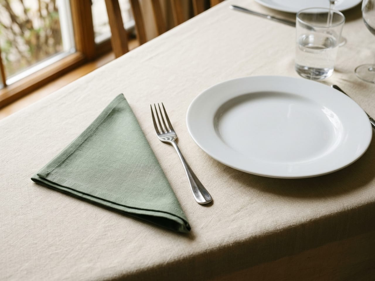 A soft sage-green cloth napkin folded into a flat triangle lying beside the forks at a place setting, its point facing away from the white plate