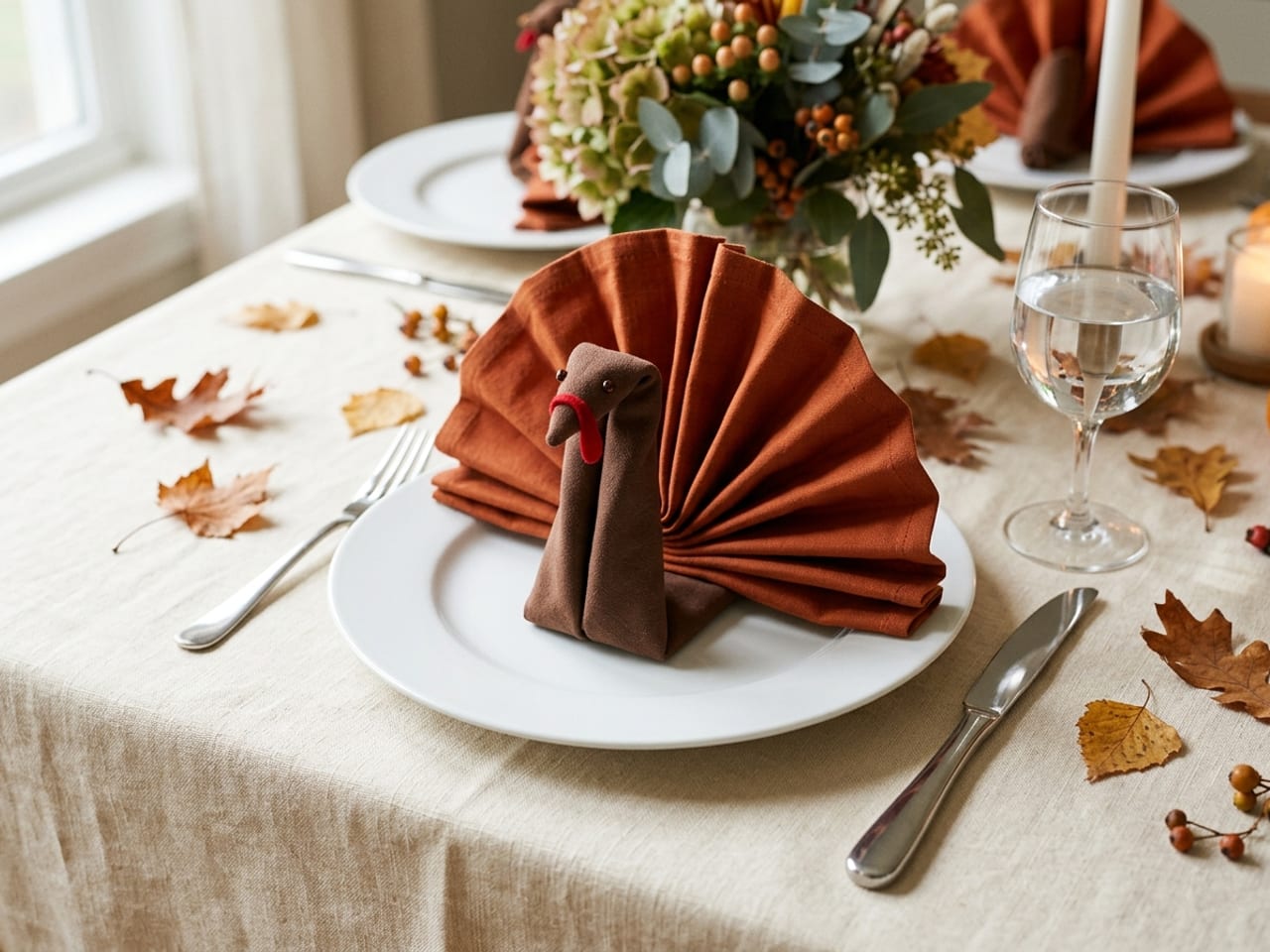 A napkin turkey on a white plate: a rust-orange cloth napkin pleated into a standing fan as the tail, and a brown napkin folded into a slim upright neck and head in front of it