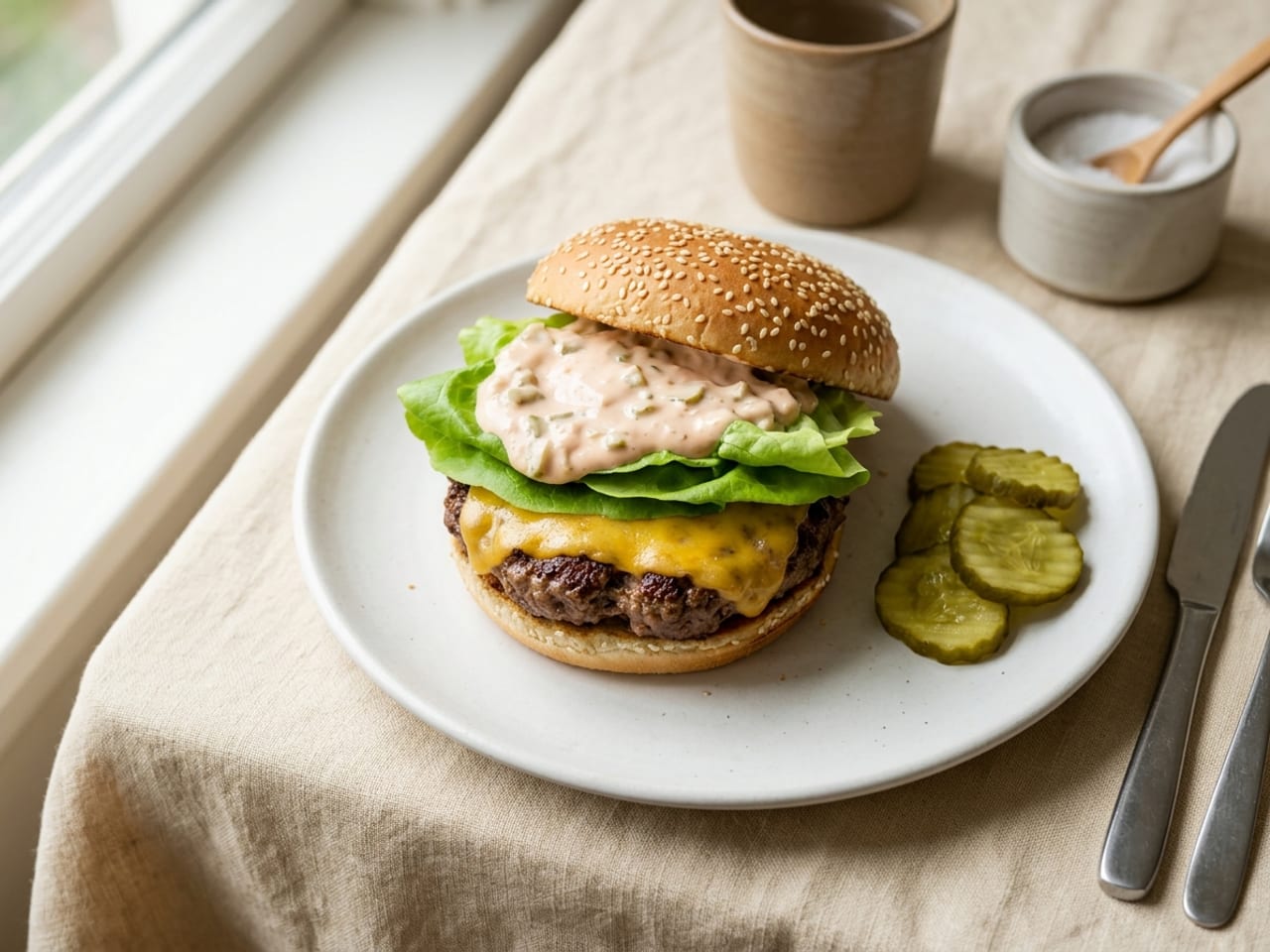 A cheeseburger on a white plate, pale pink burger sauce spread thickly over lettuce under the sesame top bun, a well-browned patty and melted cheese below, with pickle slices on the side