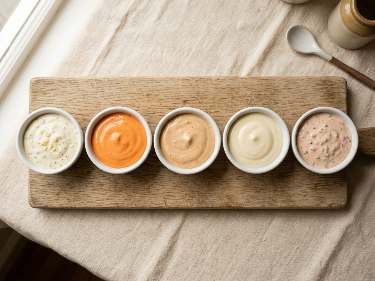 Five small white bowls of flavored mayonnaise in a row on a pale wooden board, left to right: creamy off-white garlic aioli flecked with garlic, coral-orange sriracha mayo, pale terracotta chipotle mayo with a few dark flecks, smooth ivory truffle aioli, and pale pink burger sauce with green pickle bits