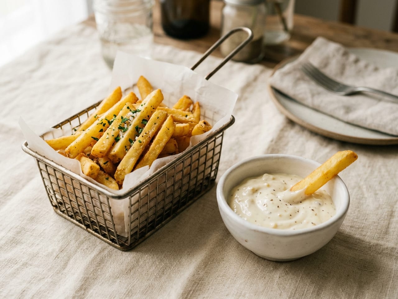 A paper-lined basket of golden french fries beside a small white bowl of garlic aioli, one fry dipped in the aioli