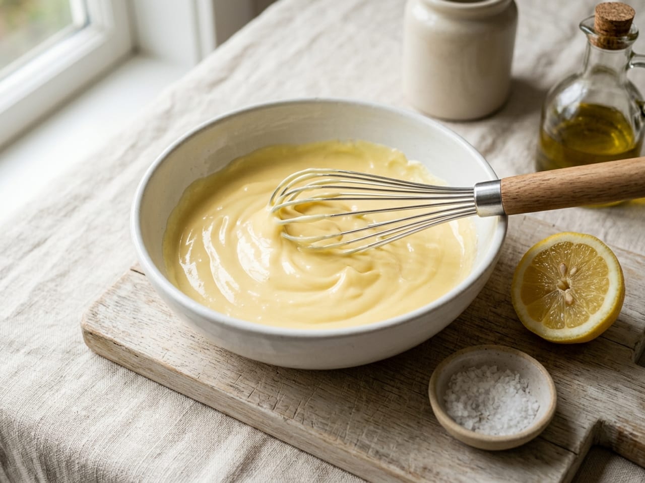 A wide white bowl of thick, glossy pale yellow homemade mayonnaise holding soft peaks, a balloon whisk resting in it, on a wooden board with a lemon half and a small dish of salt, the whole bowl in frame on cream linen