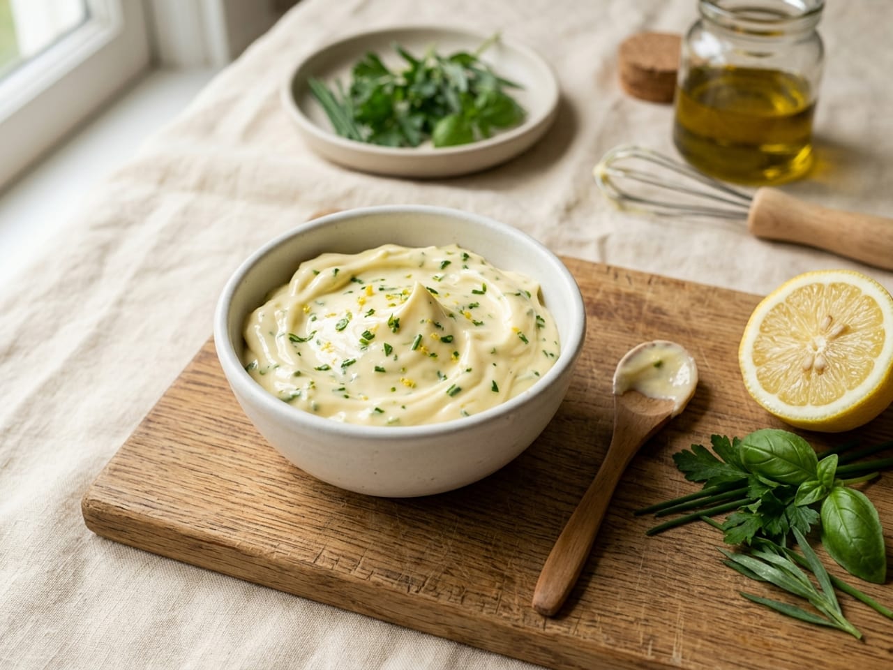 A small white bowl of creamy lemon-herb mayonnaise flecked with chopped chives, parsley, basil, tarragon and lemon zest, half a lemon and herb sprigs beside it on a wooden board