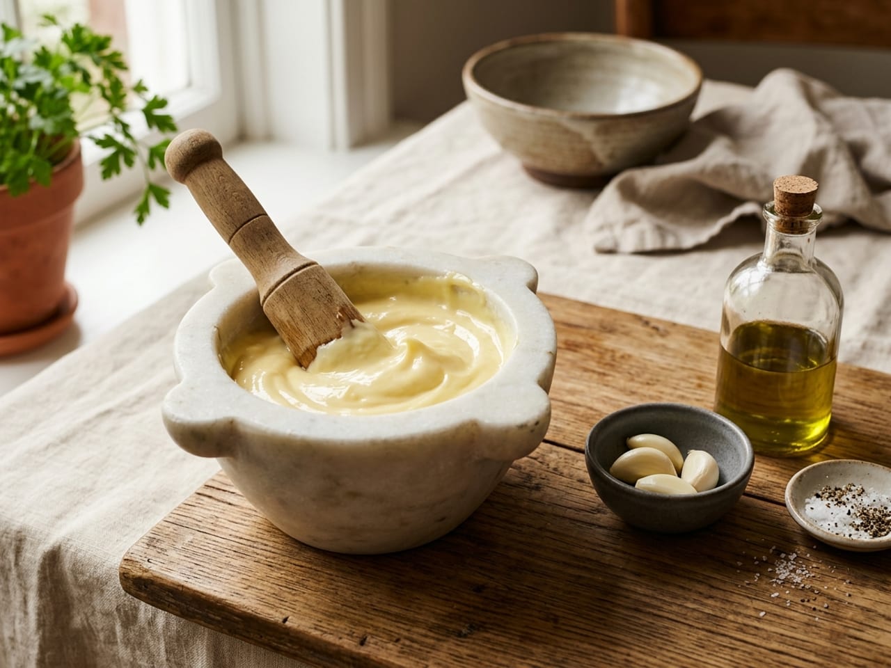 A white marble mortar holding thick, glossy pale garlic aioli with a wooden pestle resting in it, a few peeled garlic cloves and a small bottle of olive oil beside it