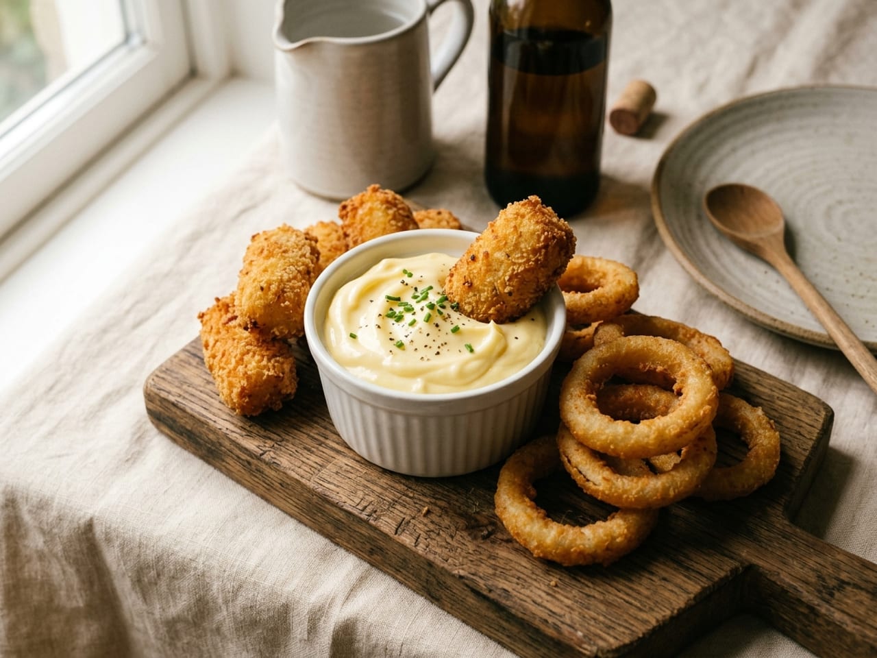 A small white ramekin of thick pale garlic aioli sprinkled with chives on a wooden board, surrounded by golden potato croquettes and crisp onion rings