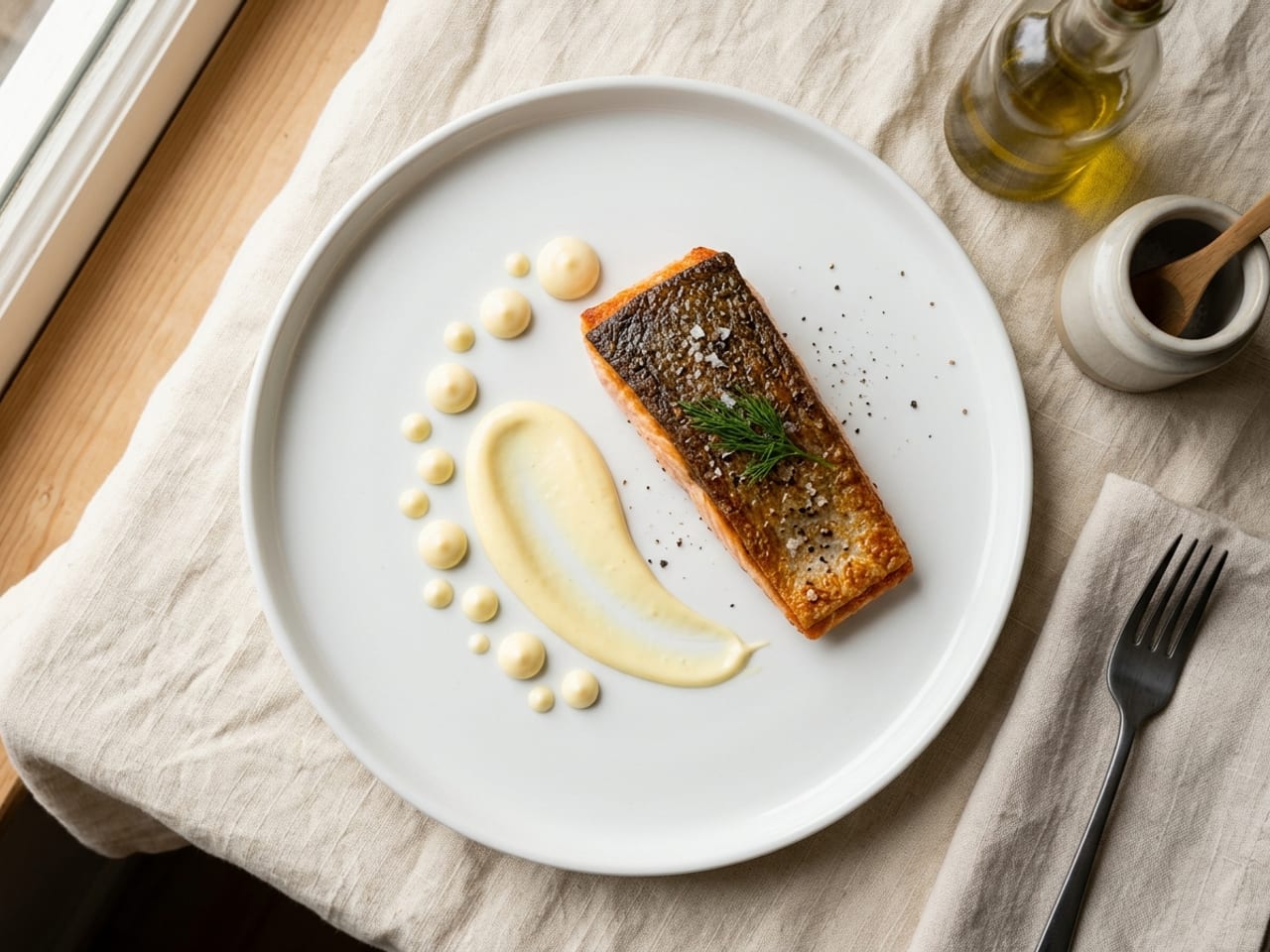Overhead view of a white plate with a seared salmon fillet, beside it a swoosh of pale yellow aioli and a curved row of small, round mayonnaise dots in three sizes