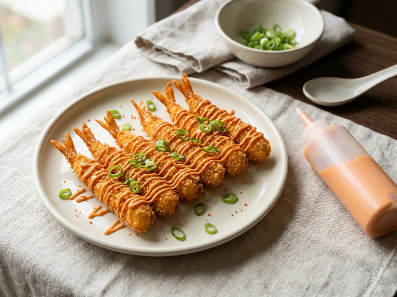 A row of crisp golden fried shrimp on a white plate with a fine zigzag drizzle of coral-orange sriracha mayo and sliced green onions, a squeeze bottle of the sauce standing beside the plate