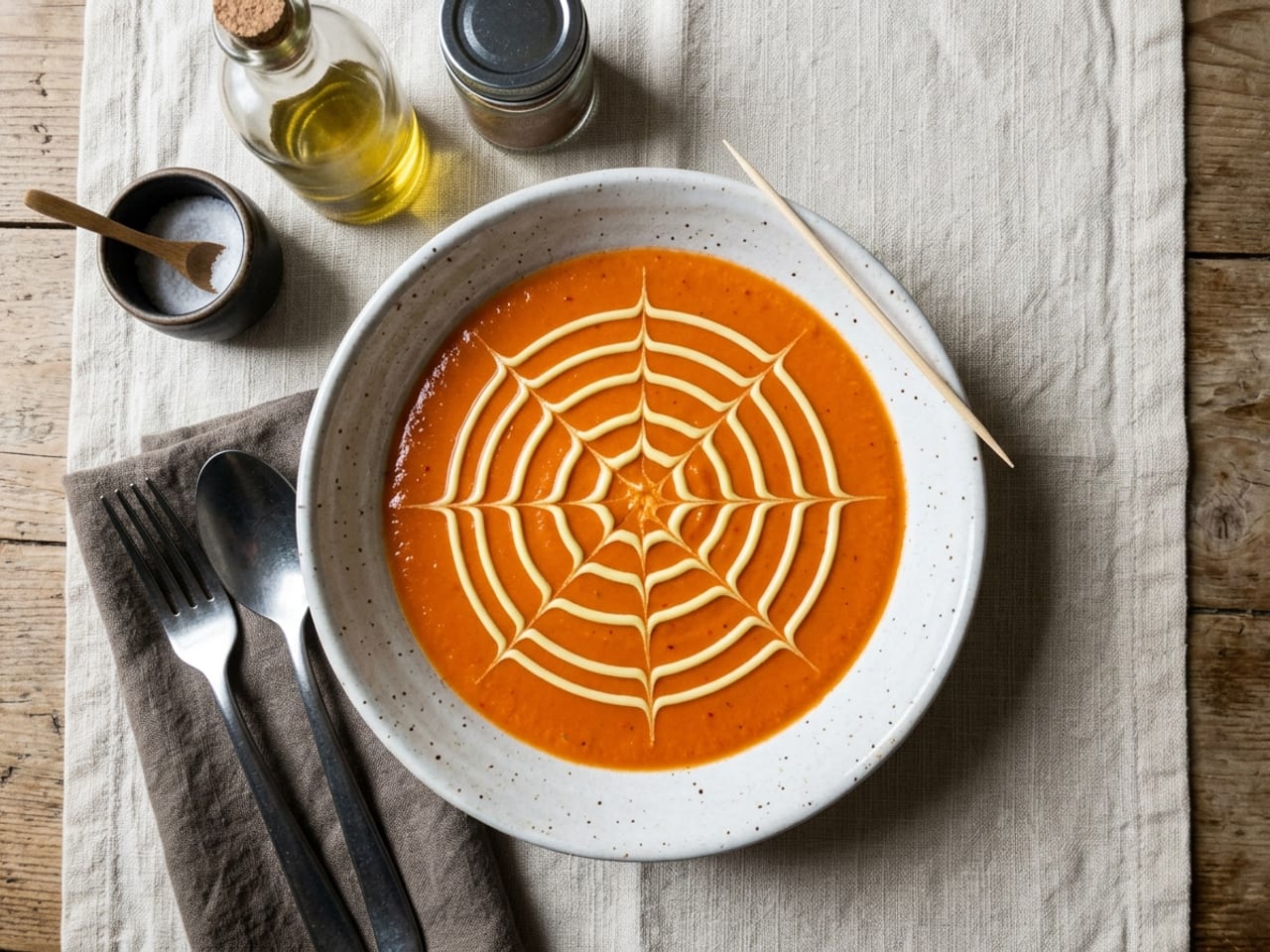 Overhead view of a shallow white bowl of smooth red pepper soup with thin rings of pale yellow curry mayonnaise dragged into a spiderweb pattern, a wooden toothpick on the rim
