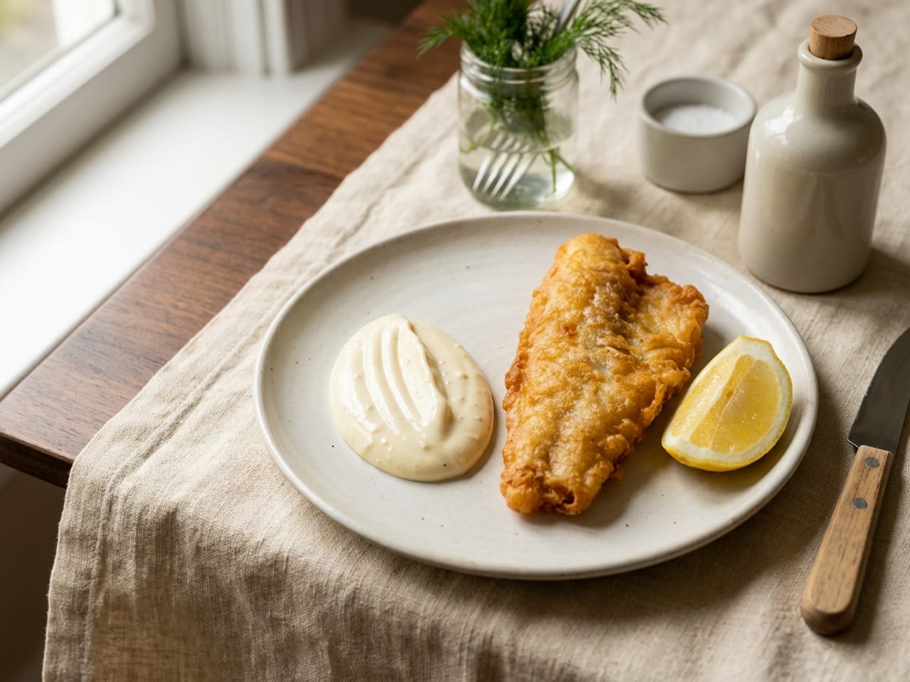 A crisp golden fried fish fillet on a white plate with a lemon wedge and a smooth, glossy oval quenelle of thick pale garlic aioli beside it