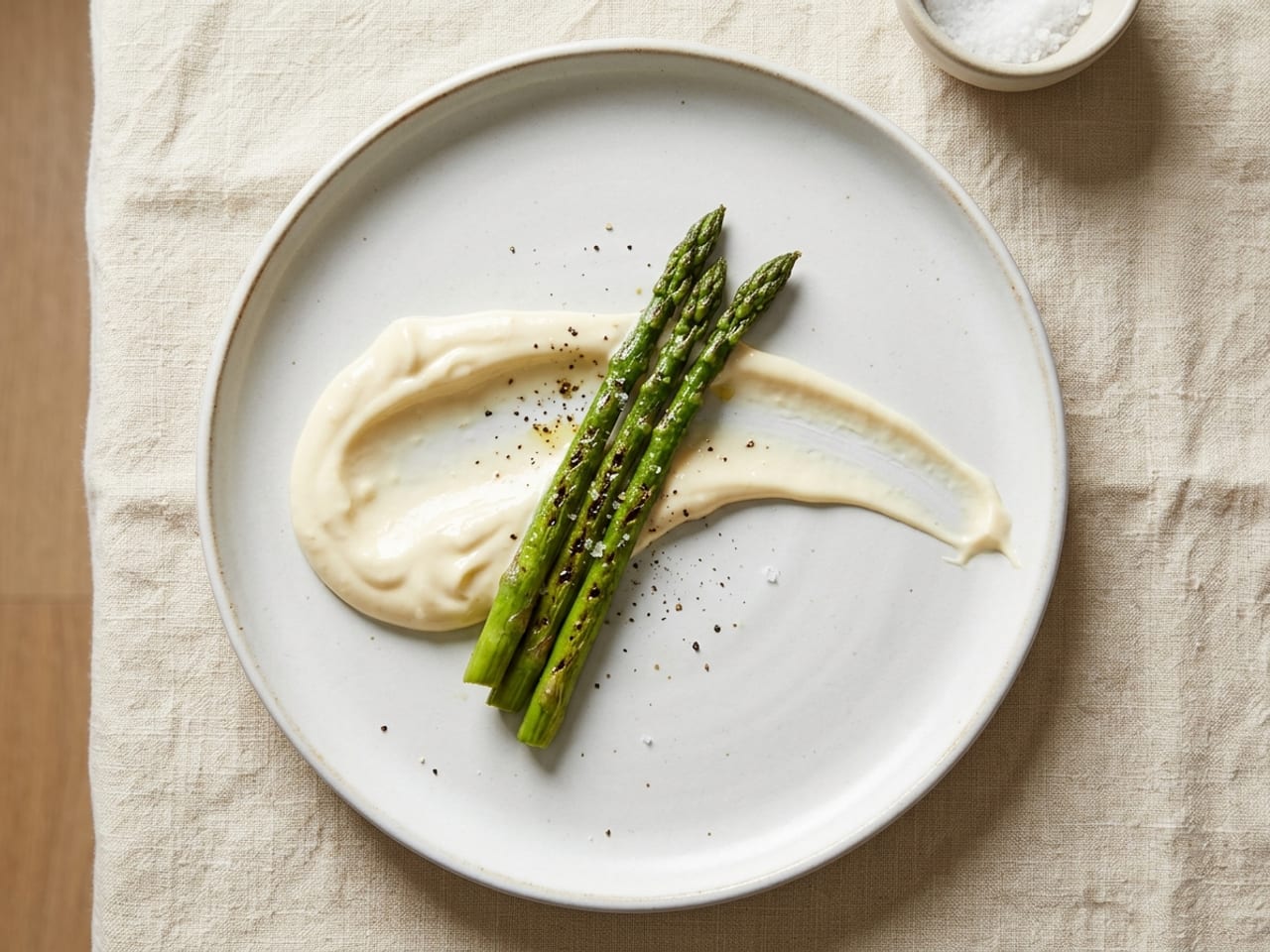 Overhead view of a wide white plate with one long, smooth swoosh of thick pale garlic aioli tapering to a fine tail, three grilled green asparagus spears laid across it