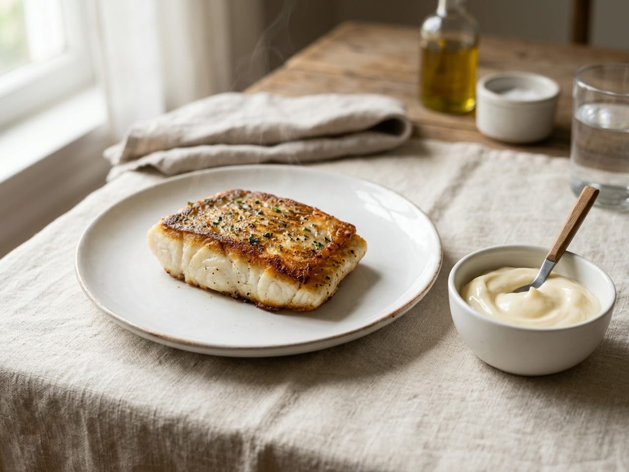 A pan-seared white fish fillet with a golden crust resting on a white plate with no sauce yet, a small bowl of thick pale aioli with a spoon beside it