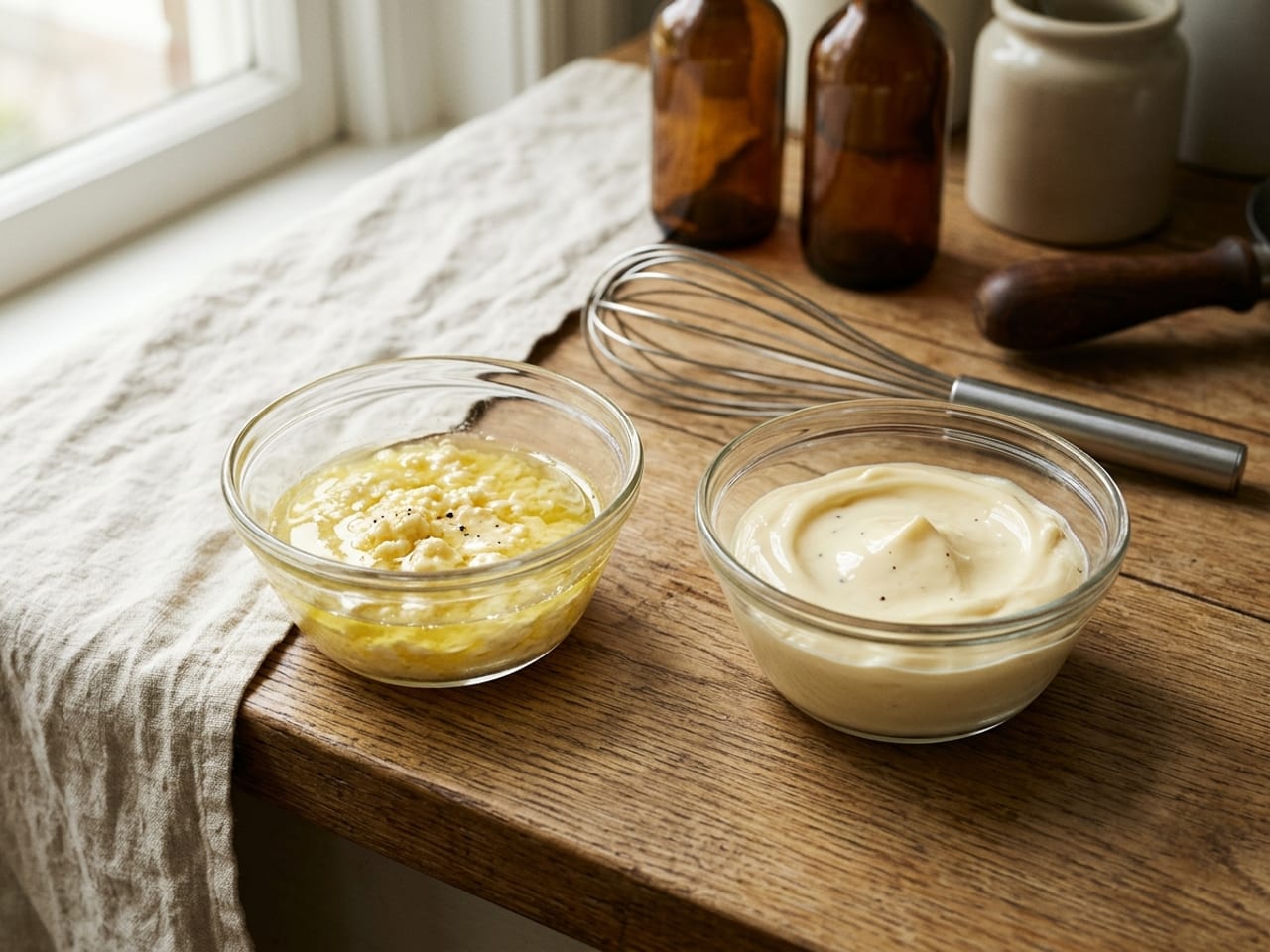 Two small glass bowls side by side: on the left a broken mayonnaise, curdled yellow bits sitting in a pool of separated oil; on the right a smooth, thick, glossy mayonnaise holding its shape, a whisk lying behind them