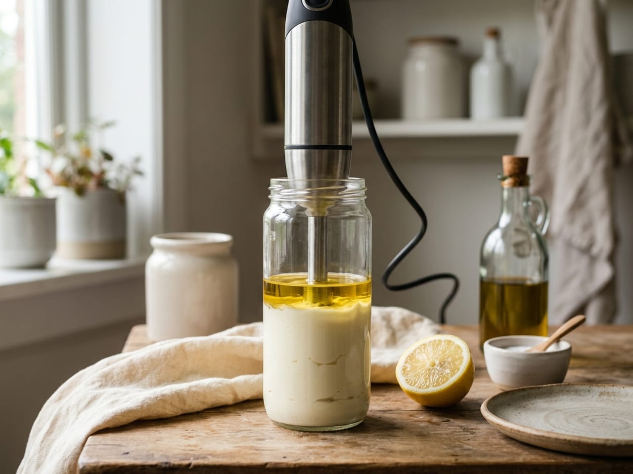 A stick blender standing in a tall narrow glass jar just wider than its head, thick white mayonnaise formed at the bottom and a layer of clear golden oil still floating on top