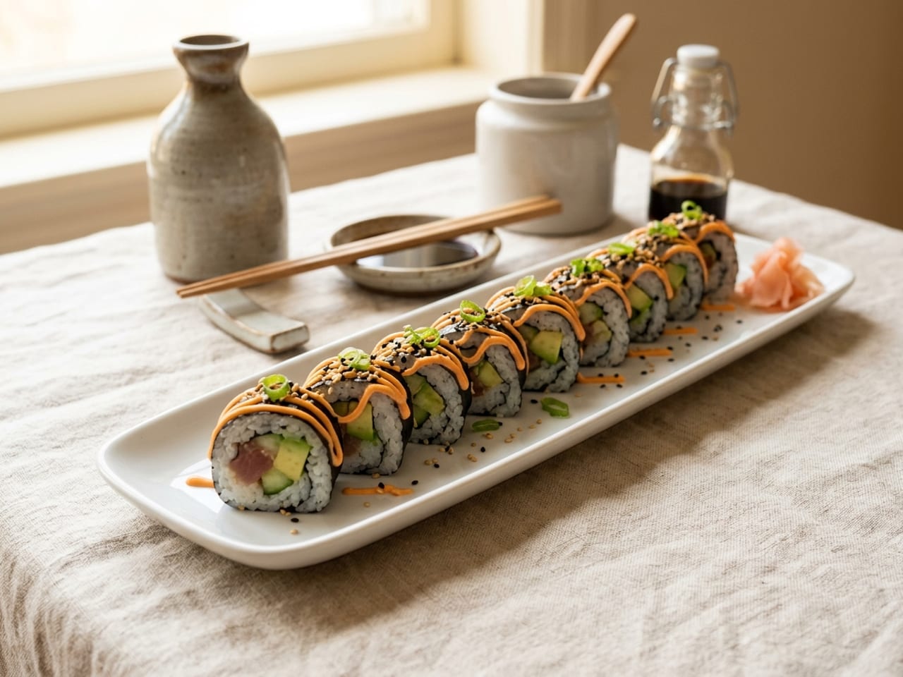 A cut sushi roll in a neat line on a long white plate, each piece topped with a fine zigzag drizzle of coral-orange sriracha mayo and sesame seeds, pickled ginger at one end