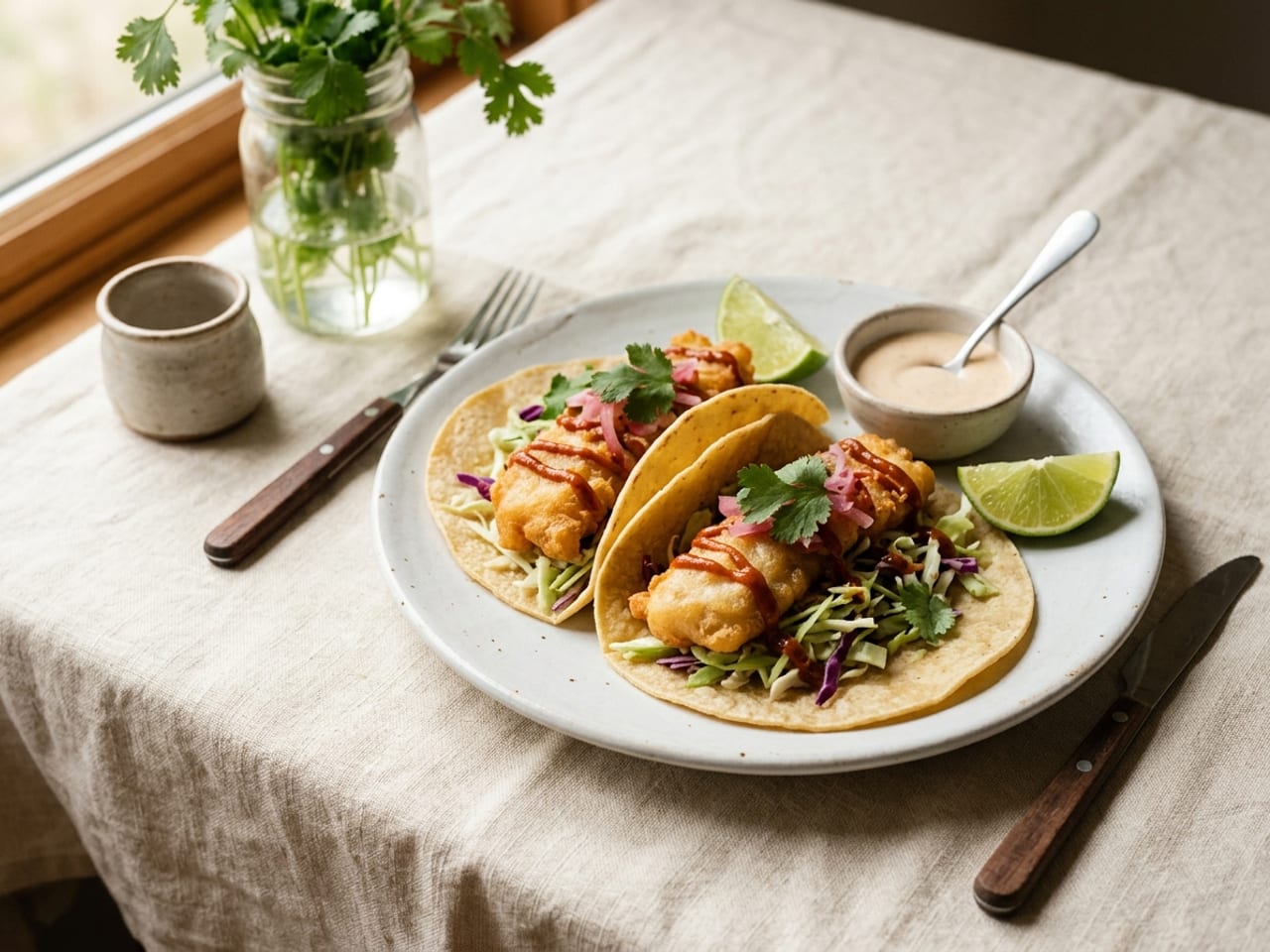 Two fish tacos on a white plate with crisp golden fish, shredded cabbage, cilantro and lime wedges, a thin drizzle of chipotle mayo over the fish and a small bowl of pale chipotle mayo with a spoon beside them