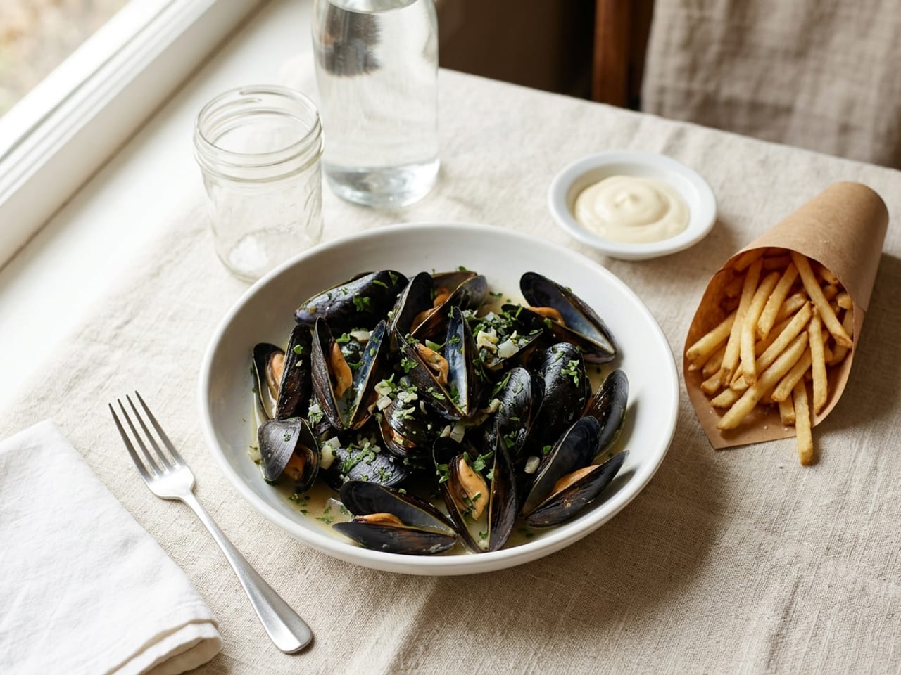 A white bowl of steamed mussels in their shells beside a small dish of smooth ivory truffle aioli and a paper cone of thin golden fries