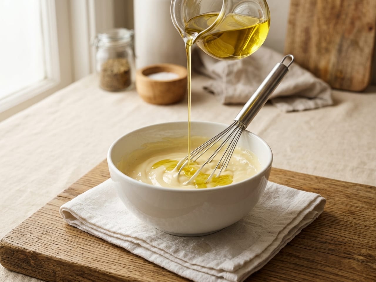 A thin stream of golden oil falling from a small glass jug into a white bowl of thick pale yellow mayonnaise with a balloon whisk standing in it, the bowl steadied on a folded damp towel
