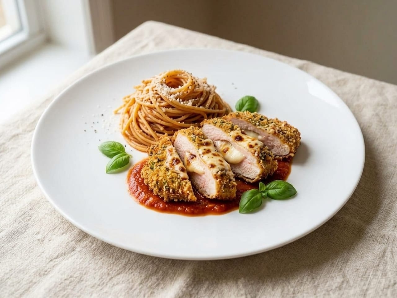 The same dinner re-plated: spaghetti twirled into a nest at the back of a larger white plate, the cutlet sliced into thick strips and fanned in front showing the golden crumb and the melted cheese, marinara pooled under it, basil leaves placed beside it