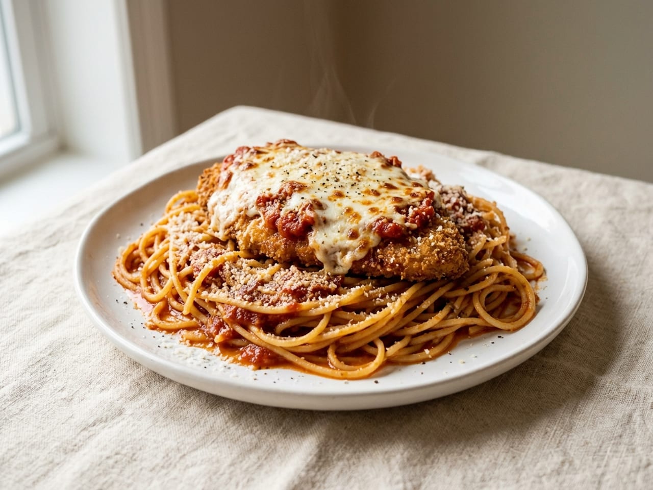 A whole breaded chicken parmesan cutlet under melted mozzarella and marinara on a pile of spaghetti in marinara that covers a standard white plate, sauce spilling to the rim, parmesan over everything