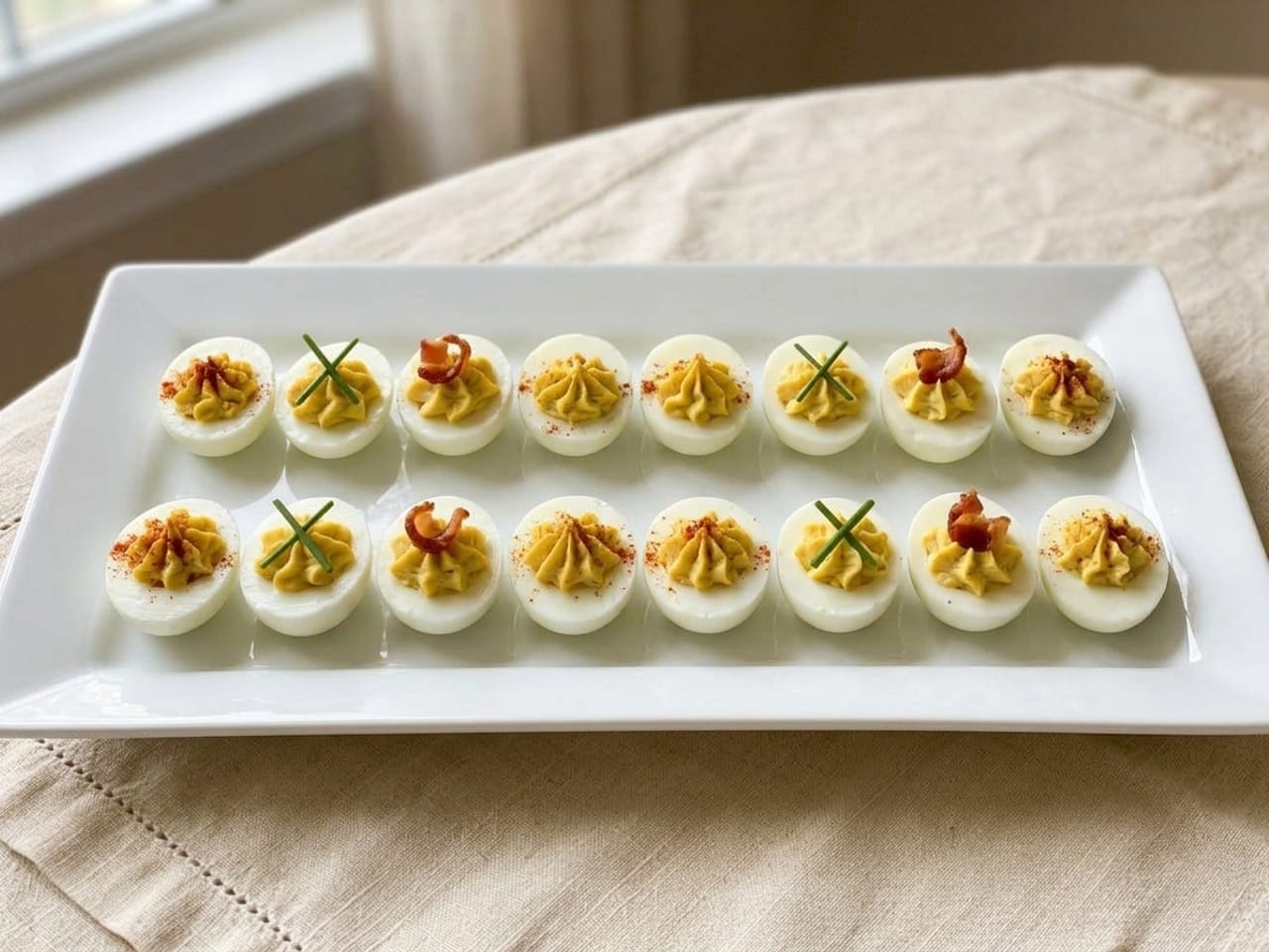 The same deviled eggs re-plated on a long white rectangular platter in two straight evenly spaced rows, each egg level, the filling piped in a rosette, garnishes alternating along the row: smoked paprika, crossed chive lengths, a curl of crisp bacon