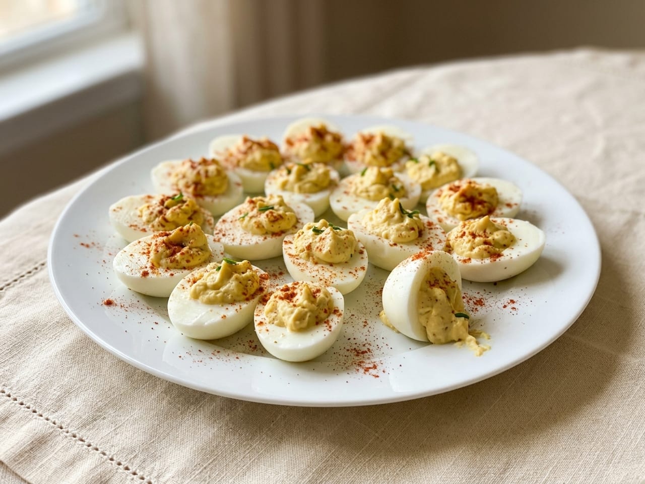Deviled eggs crowded on a standard round white plate at random angles, two tipped onto their sides, the yellow filling spooned in roughly and paprika dusted unevenly across the eggs and the plate