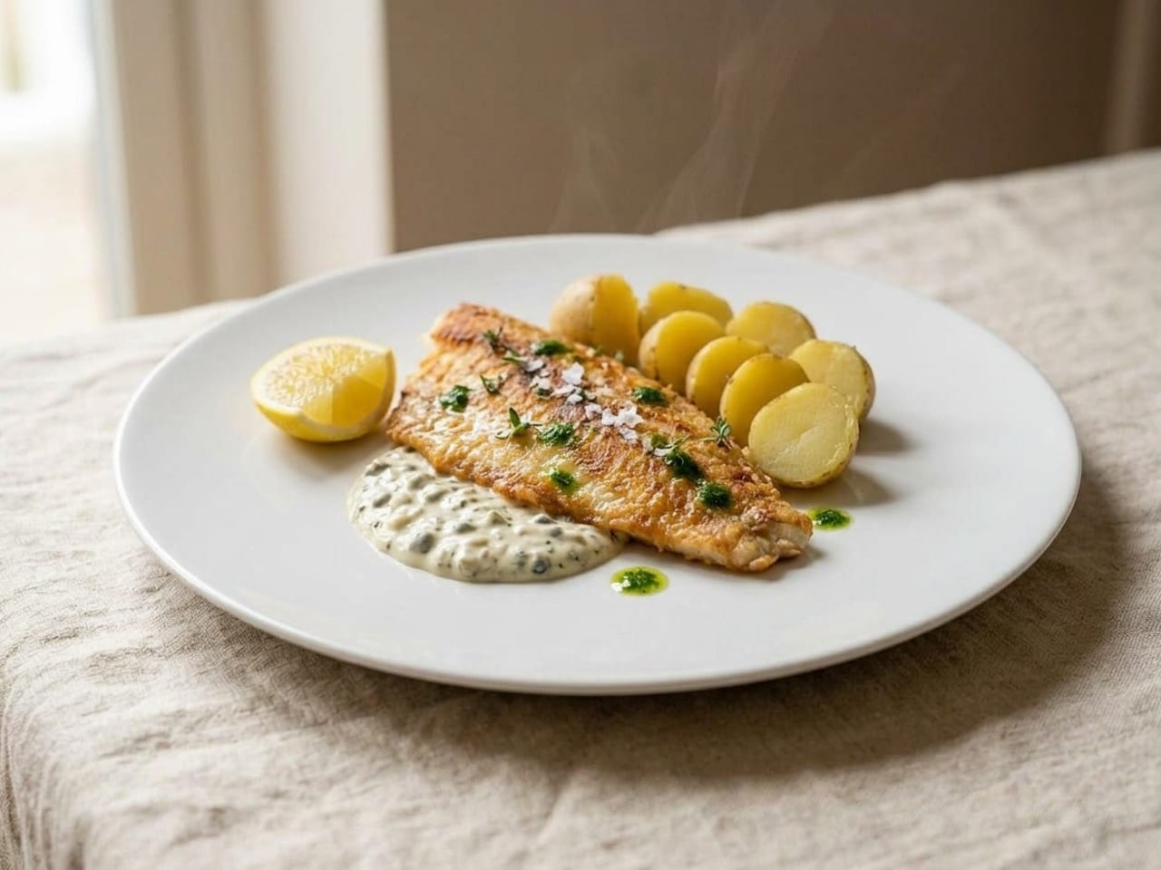 The same dinner re-plated on a larger white plate: the tartar sauce as a small pool with the fillet set on it crust side up, the potatoes halved and lined up cut face up, a lemon wedge at the edge, dots of parsley oil and flaky salt on the fish