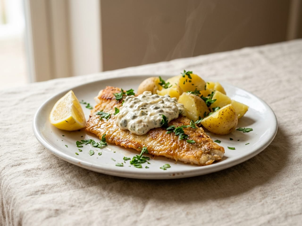 A whole pan-fried white fish fillet with a golden crust on a standard white plate with a pile of boiled potatoes, a spoonful of tartar sauce dolloped on top of the fish, a lemon wedge and chopped parsley sprinkled over everything