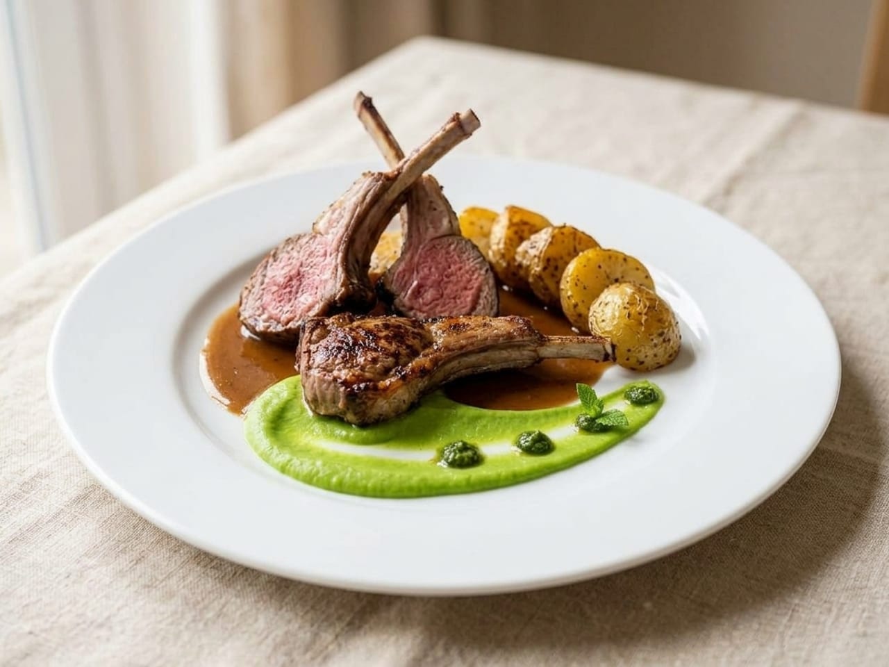 The same dinner re-plated on a larger white plate: a swoosh of bright green pea purée, two lamb chops leaning together with their bones crossing upward and the pink cut faces showing, the third chop in front, roasted potatoes shingled in a short line, jus spooned around, mint sauce as dots along the purée and a sprig of mint