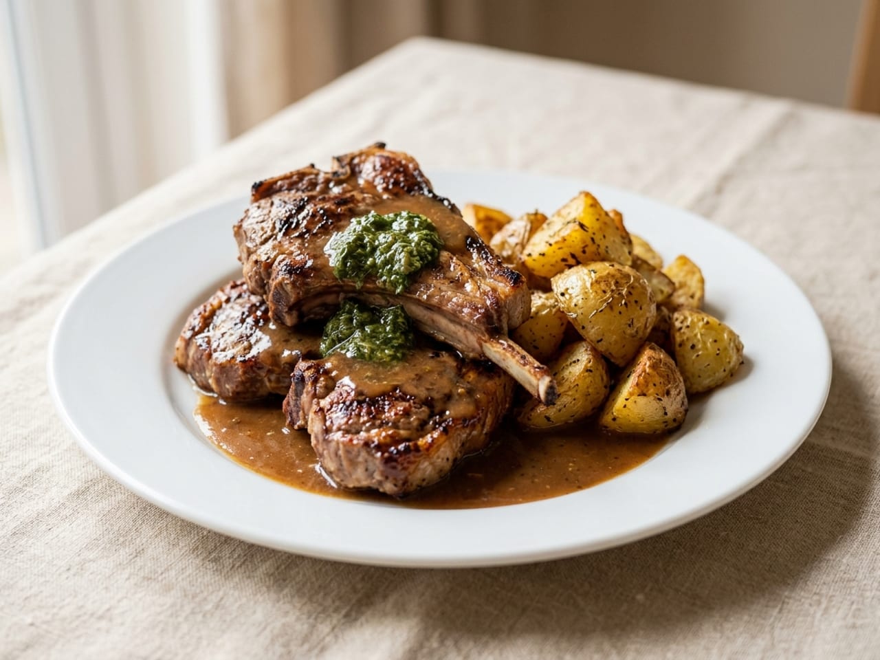 Three grilled lamb chops piled on top of each other beside a heap of roasted potatoes on a standard white plate, mint sauce dropped on the chops and brown gravy poured over the whole plate