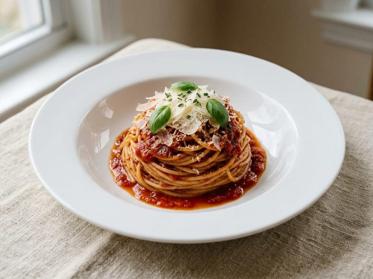 The same spaghetti twirled into one tall nest in the centre of a wide shallow white bowl, sauce clinging to the strands, shaved parmesan and three basil leaves on the crown, the rim clean