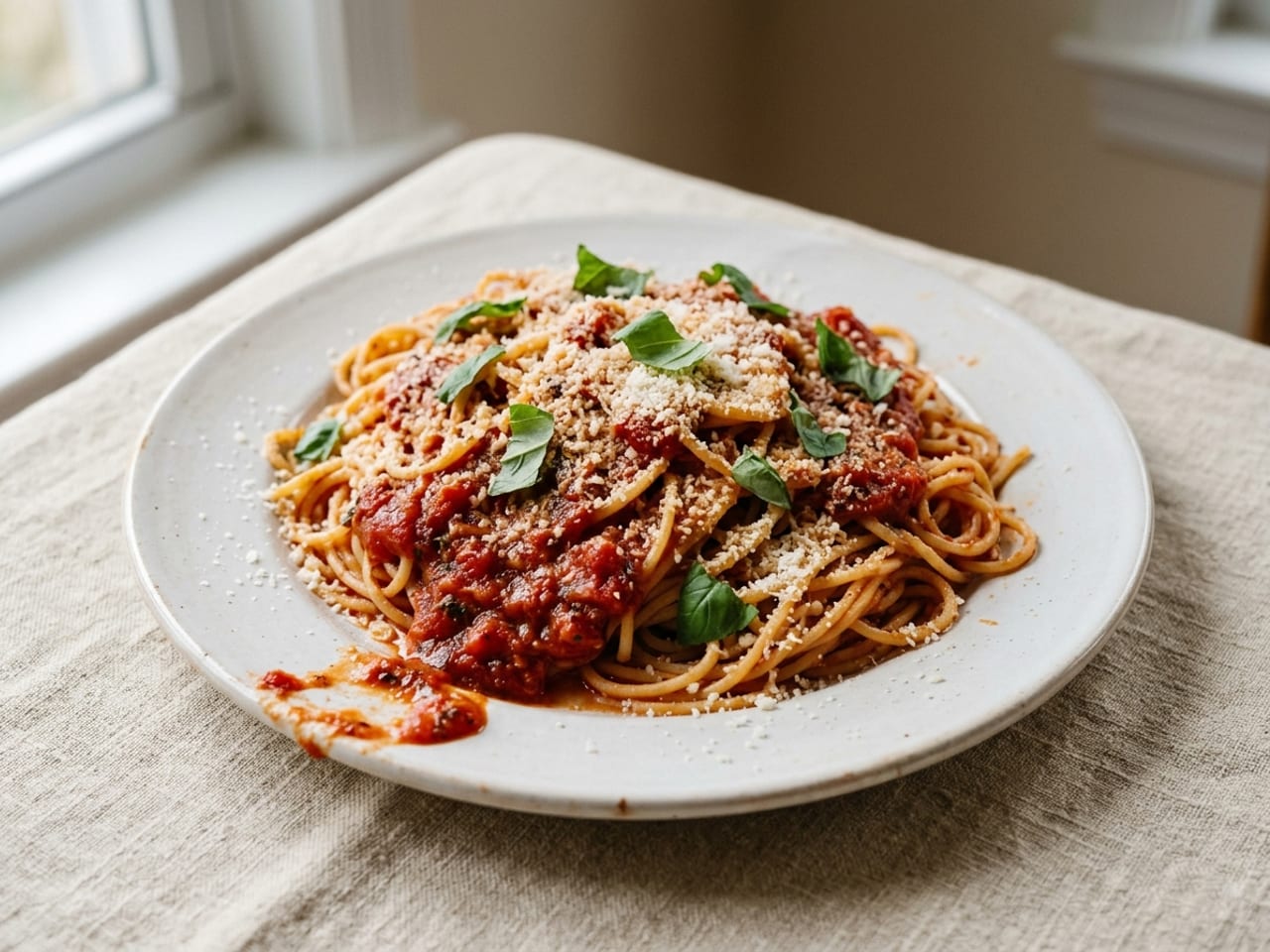 Spaghetti in tomato sauce spread flat across a standard white dinner plate, sauce ladled over the top, grated parmesan dusted unevenly, torn basil dropped on, a splash of sauce on the rim