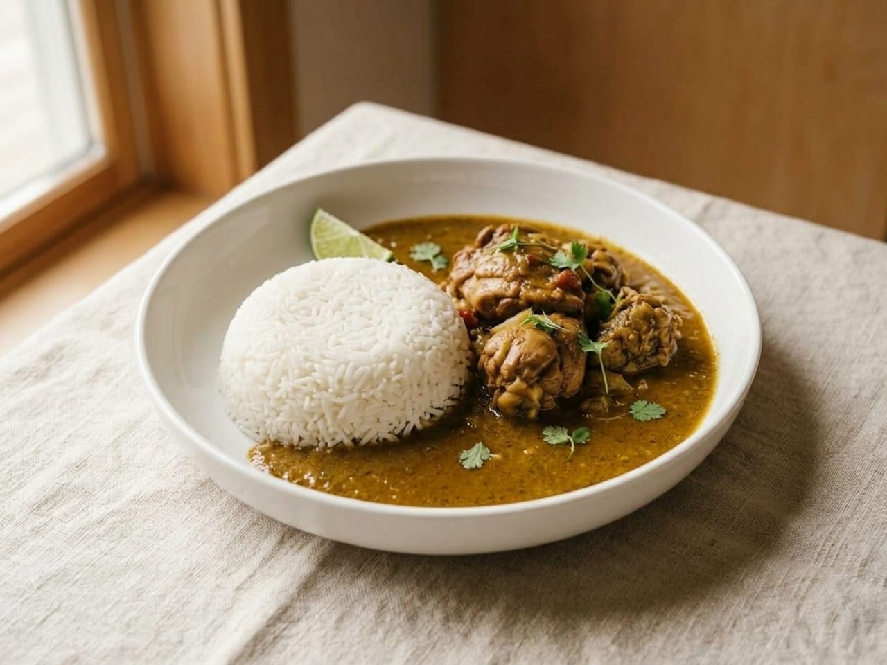 The same dinner re-plated in a wide shallow white bowl: the rice pressed into a neat moulded dome on the left, the curry pooled on the right so the two meet along one clean curve, the chicken set on top of the curry, cilantro leaves and a lime wedge at the edge