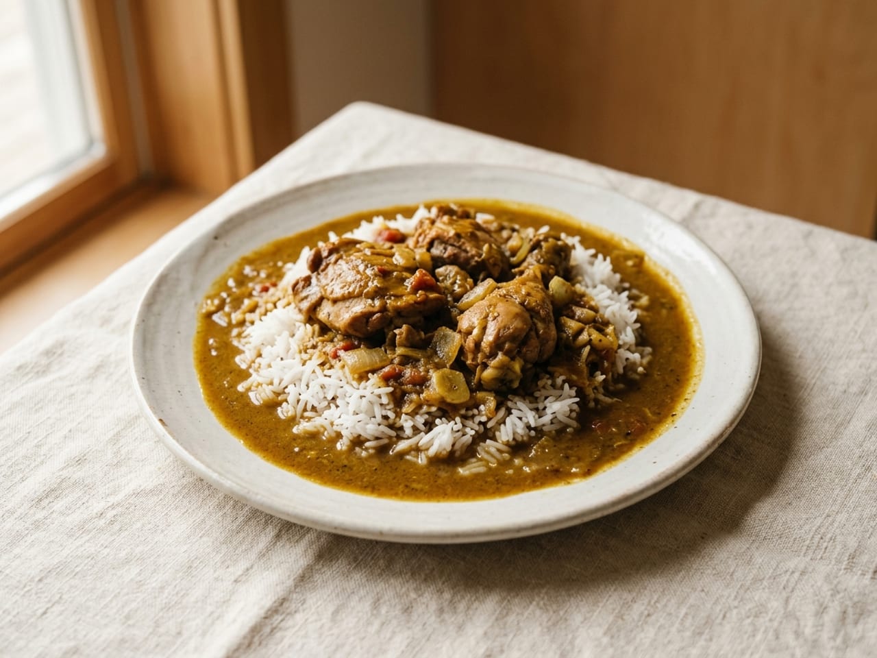 A scoop of white rice under a ladle of chicken curry on a standard white plate, the sauce covering the rice and running to the rim, pieces of chicken sunk in the sauce