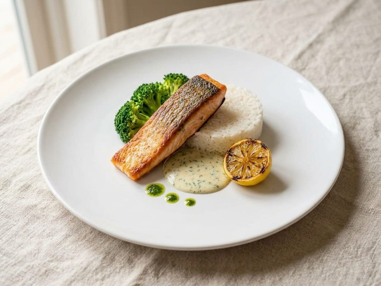 The same dinner re-plated on a larger white plate: rice pressed into a neat moulded round, the salmon leaning against it skin side up, the broccoli in one cluster behind, the dill sauce in a pool beside the fish, dots of herb oil and a charred lemon half