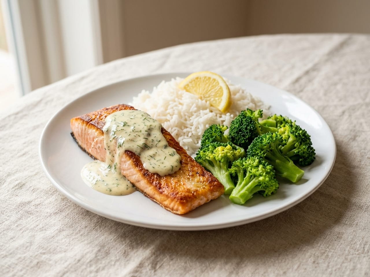 A pan-seared salmon fillet skin side down between a mound of white rice and a heap of steamed broccoli on a standard white plate, a lemon wedge on the rice and a spoonful of dill sauce on top of the fish