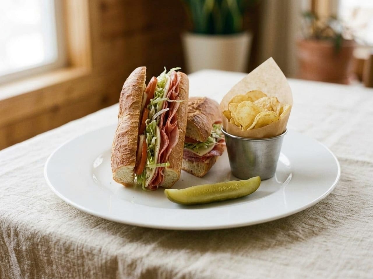 The same sub re-plated on a larger white plate: cut on a sharp diagonal with one half standing on its cut end beside the other so the layers of meat, cheese, lettuce and tomato face the camera, the chips in a small paper-lined metal cup, the pickle spear laid neatly in front
