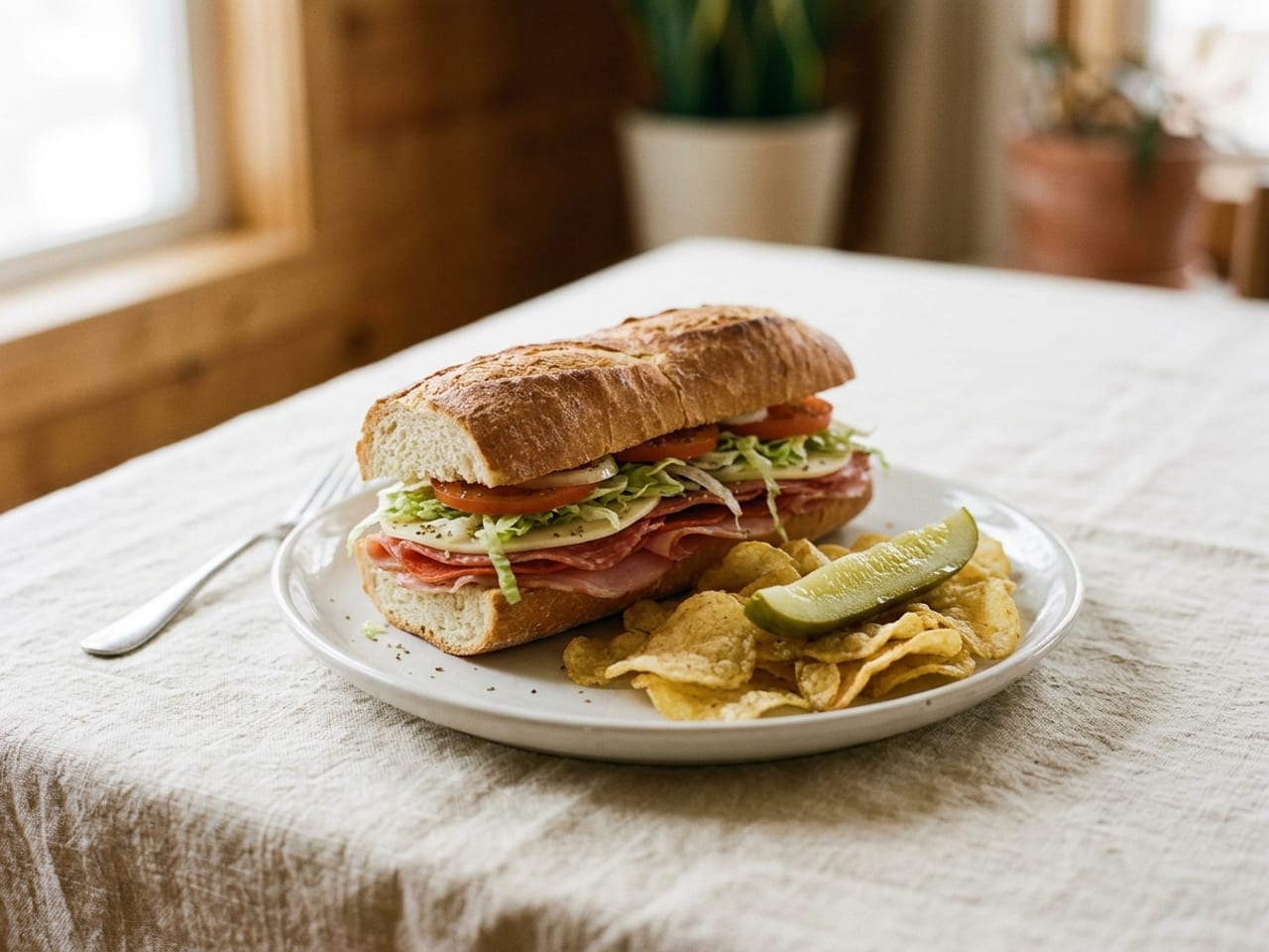 A whole uncut Italian deli sub lying flat across a standard white plate, potato chips spilled loosely beside it and a pickle spear dropped on top of the chips