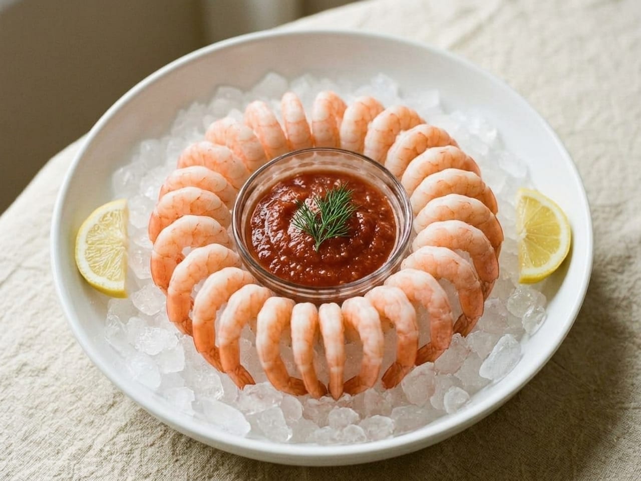 The same shrimp re-plated in a wide shallow white bowl of crushed ice: the cocktail sauce in a small glass dish set into the centre, the shrimp hooked around its rim in a neat ring with the tails outward, two clean lemon wedges at the edge and a sprig of dill on the sauce