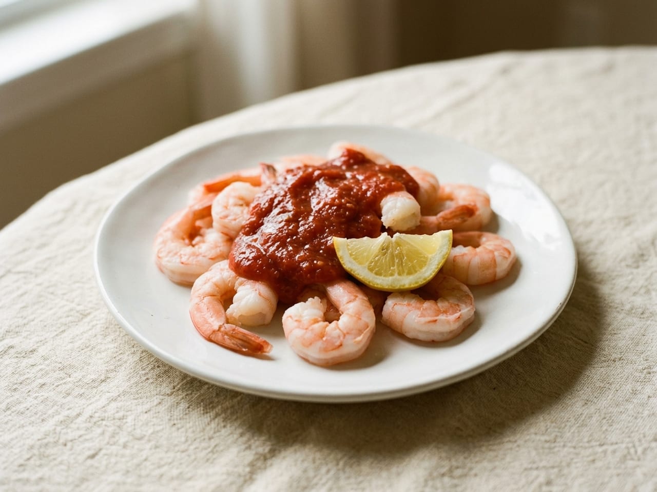 A dozen cooked shrimp heaped in a loose pile on a standard white plate with a blob of red cocktail sauce on top and a lemon wedge stuck into the heap
