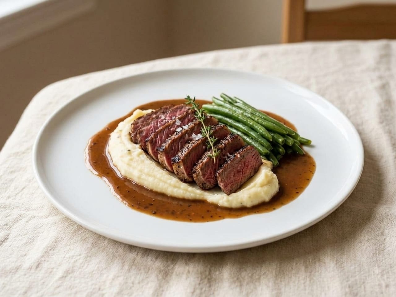 The same dinner re-plated on a larger white plate: mashed potatoes spread into a swoosh, the steak sliced against the grain and fanned over it with the pink centre up, green beans in one bundle, gravy spooned around as a jus, flaky salt and a sprig of thyme